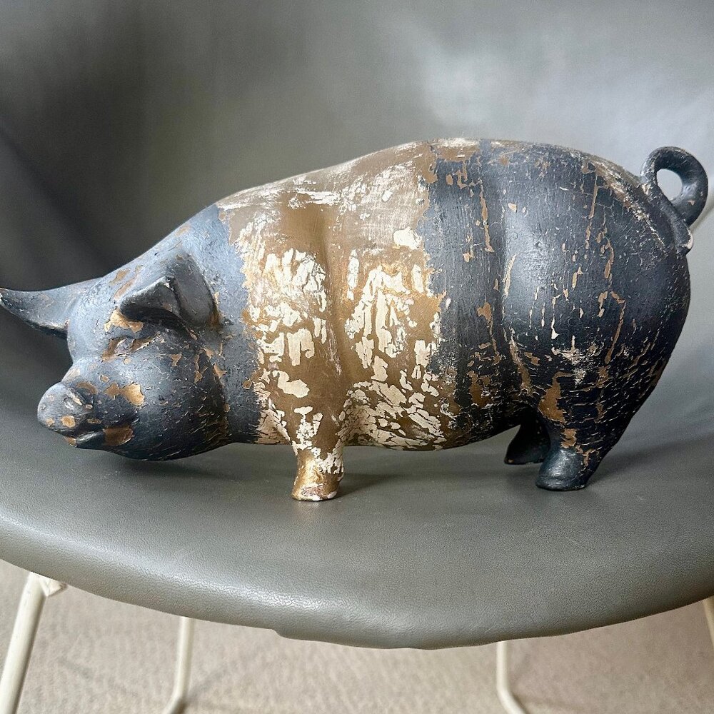 Large 12" Bisque Porcelain Pig Sculpture. Gold Leaf Gilding. Charcoal Grey Paint